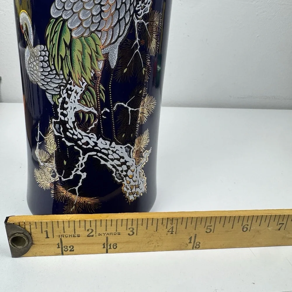 Vtg‎ 1960s Cobalt Blue Japanese Crane Vase Gold Trim Porcelain Japan 11